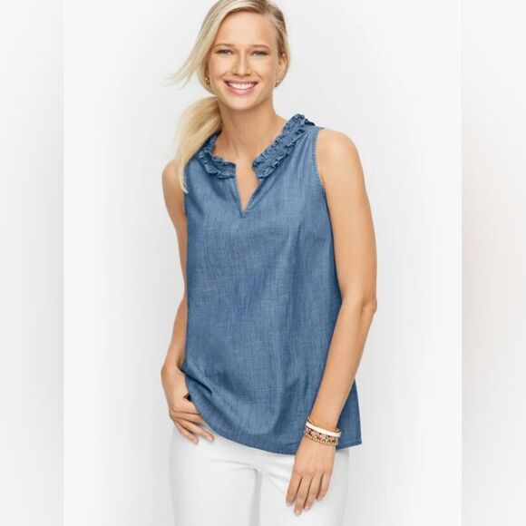 Talbot's Plus Size Ruffle Trim Shell In Denim Slub Size 1X - Picture 1 of 10